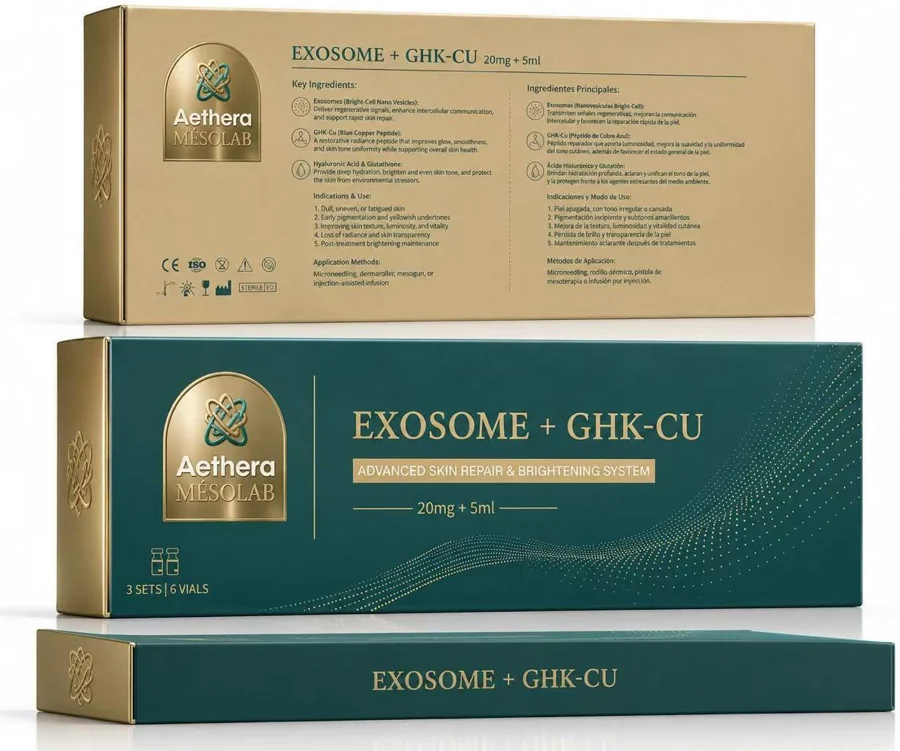 Empaque de Exosome + GHK-Cu: frente y reverso con ingredientes