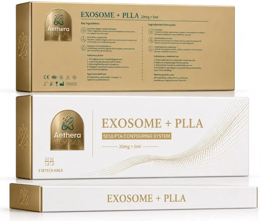 Empaque de Exosome + PLLA: frente y reverso con ingredientes